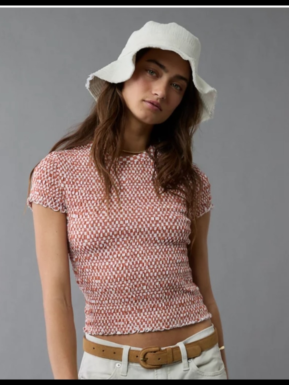 American Eagle NWOT Women's Rust and White Smocked Short Sleeve Top